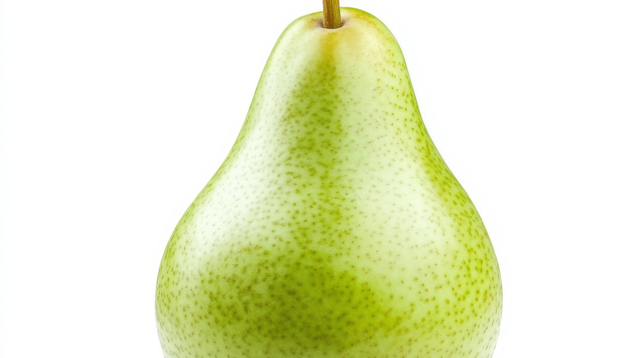 A fresh, green pear with a stem, isolated on a white background, showcasing a crisp and juicy fruit option