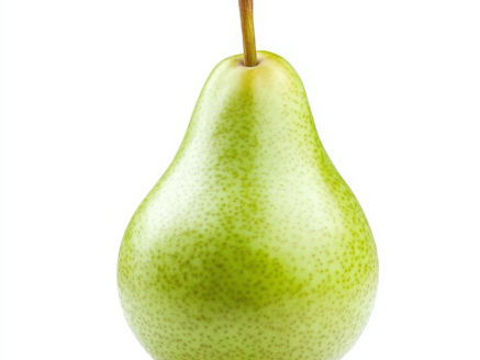 A fresh, green pear with a stem, isolated on a white background, showcasing a crisp and juicy fruit option