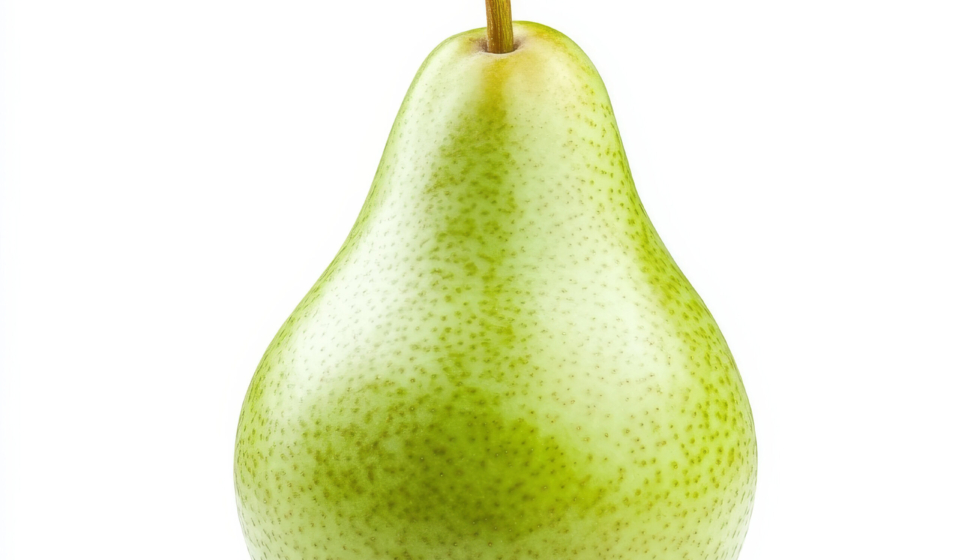 A fresh, green pear with a stem, isolated on a white background, showcasing a crisp and juicy fruit option