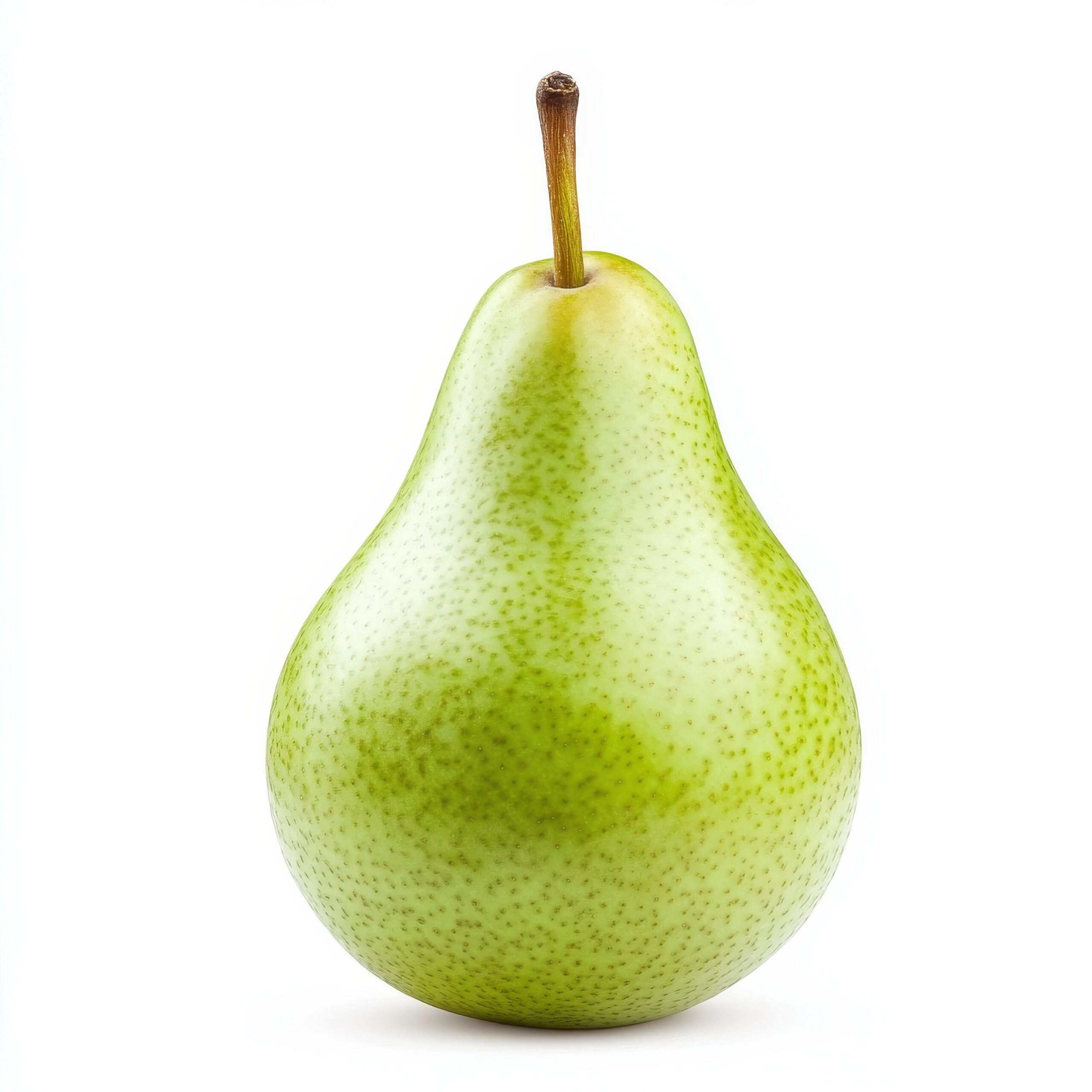 A fresh, green pear with a stem, isolated on a white background, showcasing a crisp and juicy fruit option